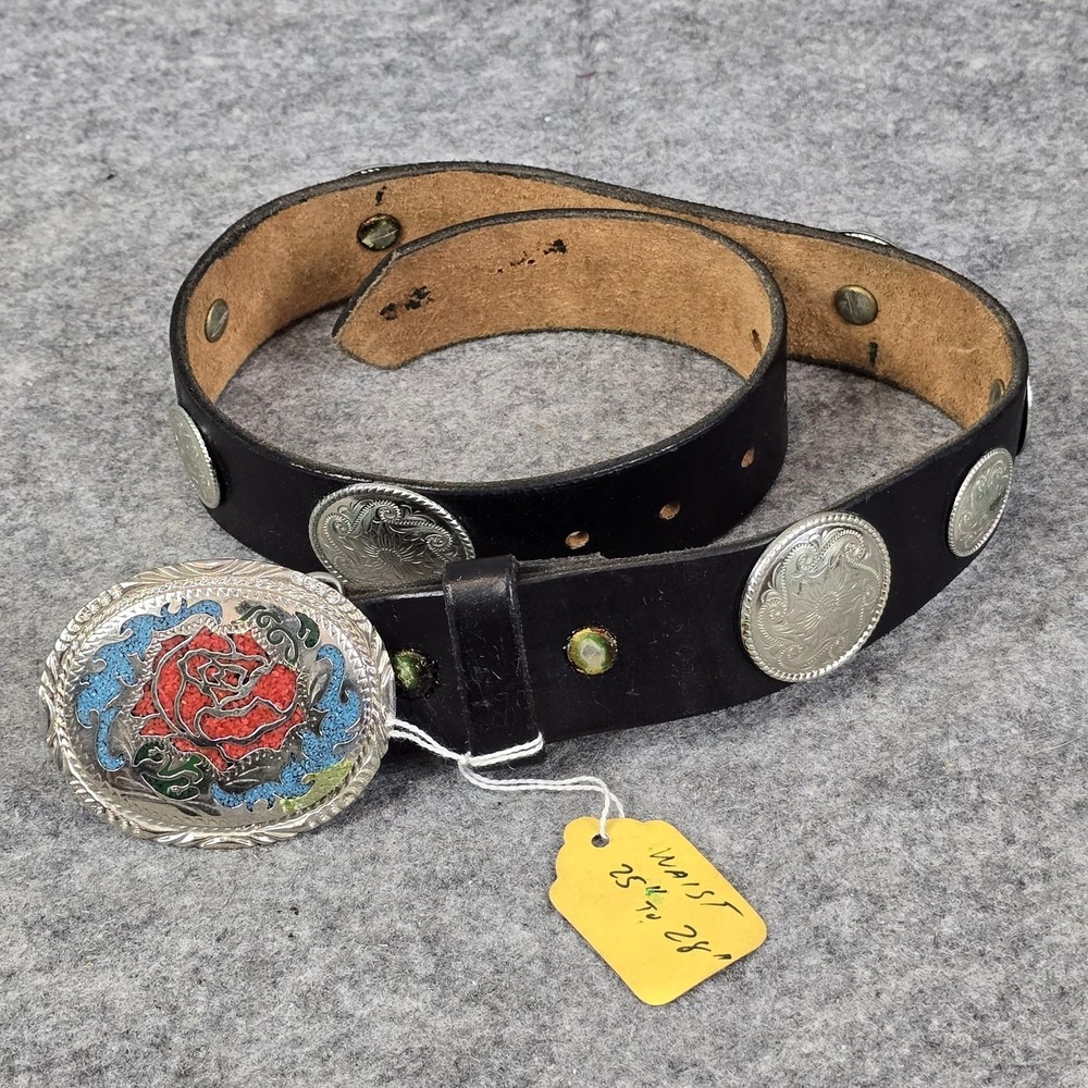 VTG‎ Jacobs Leather Western Belt Teens Small Black Concho Rose Buckle USA
